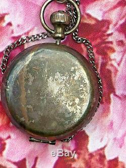 Estee lauder silver porcelain powder mini compact on chain pocket watch antique