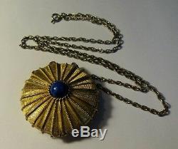 Vintage Estee Lauder Perfume Compact Necklace Gold Tone Cabochon Blue Stone